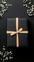 A stylish black gift box adorned with a ribbon rests on a dark background, surrounded by small white flowers, perfect for wedding invites or festive occasions