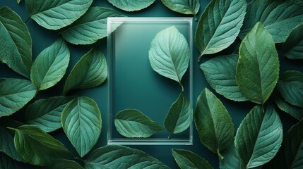 Fototapeta premium Suspended leaf in glass frame among verdant foliage