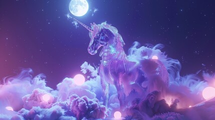 Magical Ice Unicorn Sculpture Under Moonlight