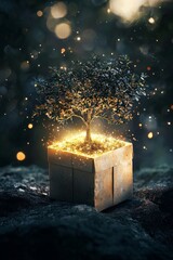 A glowing gift box with a tiny, intricate, magical tree growing from within 