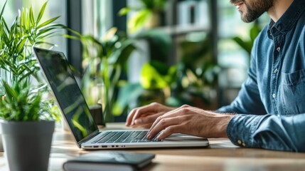 A person typing on a laptop surrounded by indoor plants in a bright workspace.