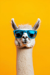 A white alpaca wearing blue sunglasses against a yellow background, a funny animal portrait.