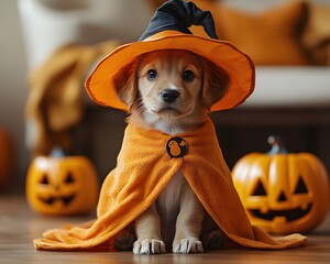 A puppy wearing a Halloween costume