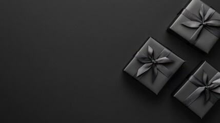 A collection of carefully stacked black gift boxes adorned with bows creates a striking visual composition ideal for Black Friday promotions and celebrations