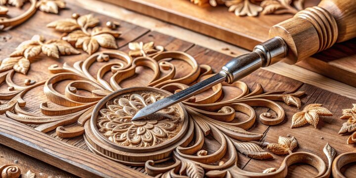 Woodworking tool carving intricate designs in wood with sharp chisel for craftsmanship and creativity
