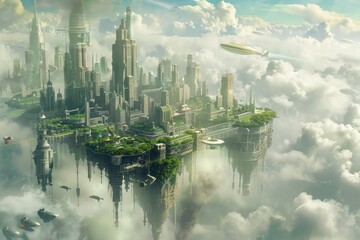 Naklejka premium Futuristic floating cityscape above clouds