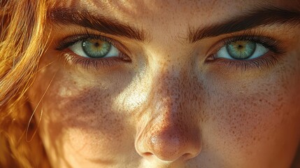 closeup portrait of a woman with a cascade of freckles across her face illuminated by soft natural light capturing her unique beauty and character in stunning detail