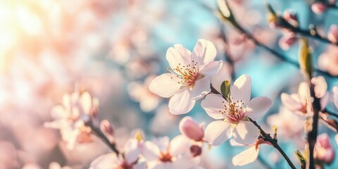 Naklejka premium Delicate cherry blossoms in bloom against a soft, dreamy backdrop, embodying the beauty of spring and nature's revival.