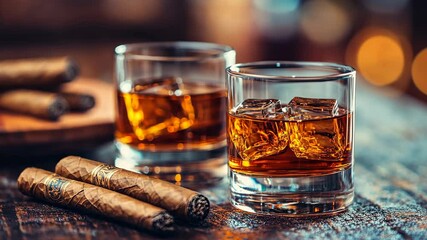 Two glasses of whiskey with ice sit on a wooden table next to a few cigars