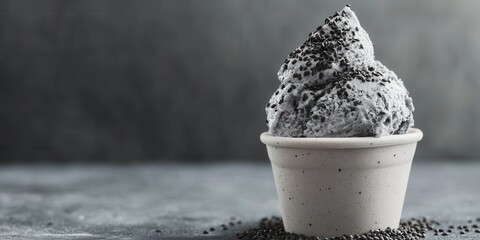 Delicious black sesame ice cream in a bowl, topped with sprinkled seeds. Perfect for dessert lovers and food photography.