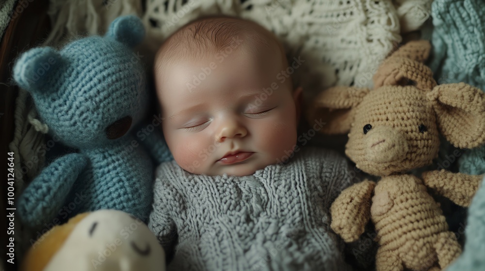 Poster A newborn baby sleeping peacefully in a basket.