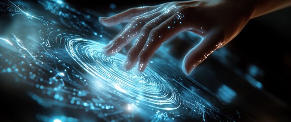 Hand touches synthetic surface with neon blue patterns