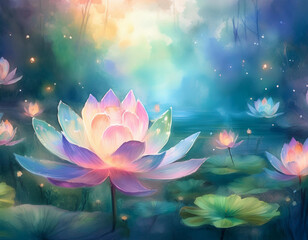 Pink pastel light glowing lotus flower in magical background