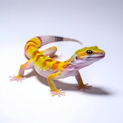 Obraz premium Leopard Gecko Lizard in a Dynamic Pose on a White Background, Highlighting Its Bold Colors and Unique Patterns