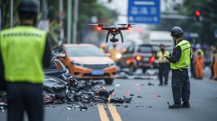 Obraz premium Police inspect crash site with drone support.