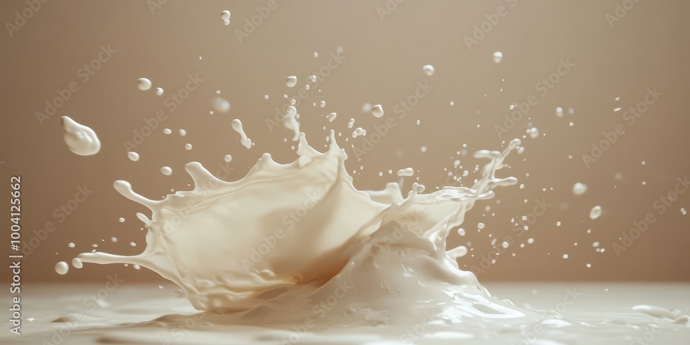 Poster dynamic splash of creamy liquid on a soft background, capturing motion and elegance in a minimalist 