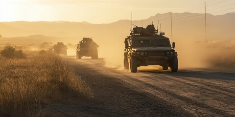 Fototapeta premium Dusty vehicles navigate a rugged road at sunset, showcasing military transport in a dramatic, atmospheric setting.