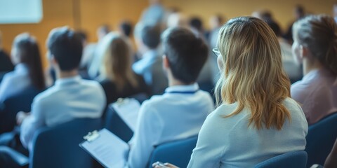 Engaged audience attending a presentation, focused on learning and taking notes in a corporate environment.