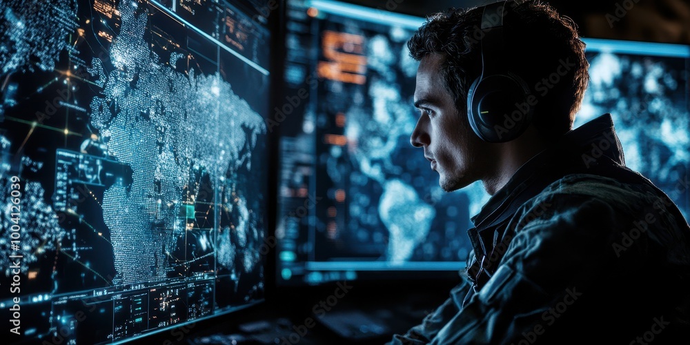 Poster focused individual working with advanced technology, analyzing global data on multiple screens in a 