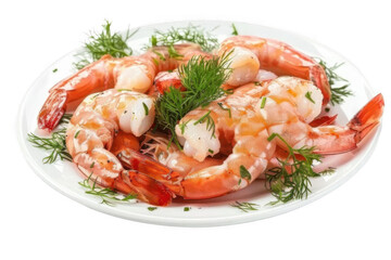 a plate with cooked shrimp seasoned with herbs..