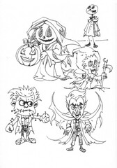 set of ghost characters pen drawing for illustration card decoration