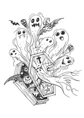coffin and ghosts pen drawing for card decoration illustration