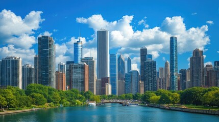 Modern City Skyline with River and Blue Sky