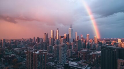 Fototapeta premium Urban Skyline with Rainbow After Stormy Weather