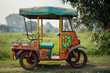 Obraz premium Brightly painted tuk tuk is parked up in the countryside on a sunny day
