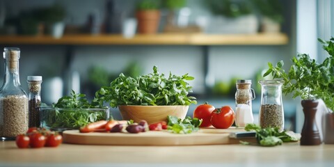 Fresh ingredients on a kitchen counter, including greens, tomatoes, and spices, perfect for healthy cooking and meal preparation.