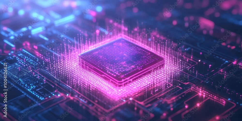 Poster futuristic computer chip with glowing circuits, showcasing advanced technology and digital innovatio
