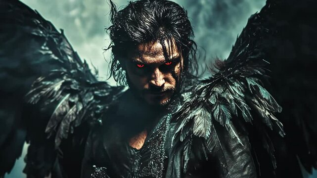 A man with black wings and red eyes stares intensely at the camera