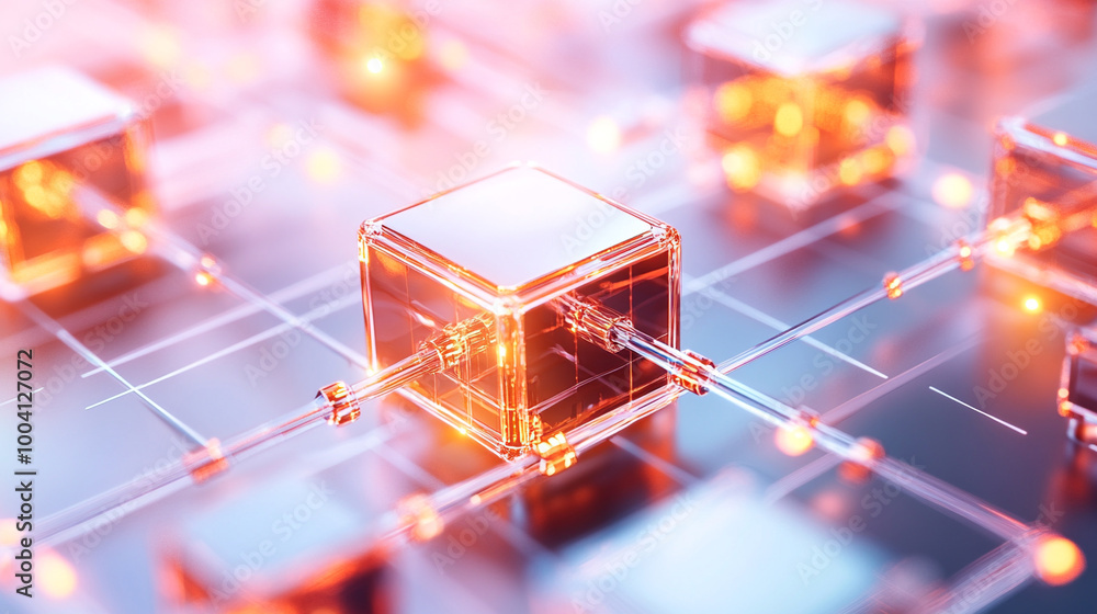Poster blockchain network of interconnected glowing cubes. concept of virtual business team.