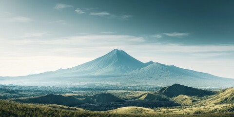 Majestic mountain landscape with a volcanic peak surrounded by lush hills and a serene sky, perfect...