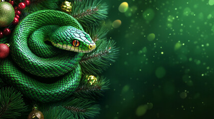 Fototapeta premium Big green and happy snake on a New Year's green background with space for text.