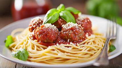 Spaghetti in tomato sauce with hearty meatballs on top, covered in melted cheese, a substantial and satisfying meal with high nutritional value, one of the specialties of culinary arts.