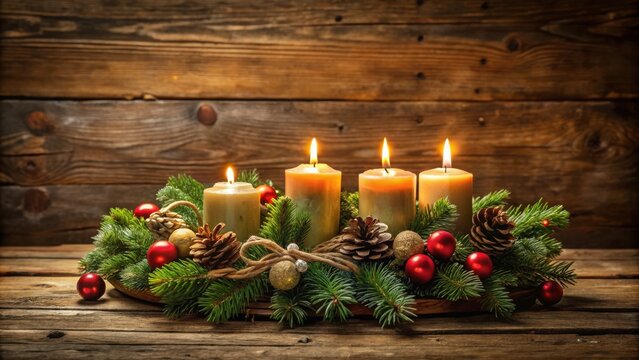 Vintage Christmas decoration with fourth advent burning advent candles and nostalgic tea light on a card