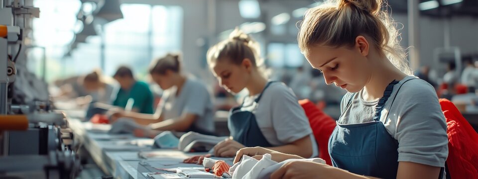 Workers engaged in garment production within a well-lit factory during the afternoon, focused on their tasks with precision