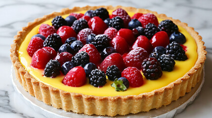 A vibrant fruit tart with a crisp crust, filled with vanilla custard and topped with fresh berries.