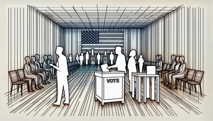 Abstract line art of people voting in a polling station with american flag