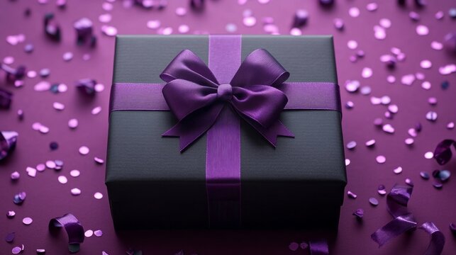 A purple box with a purple bow on top of it