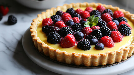 A vibrant fruit tart with a crisp crust, filled with vanilla custard and topped with fresh berries.