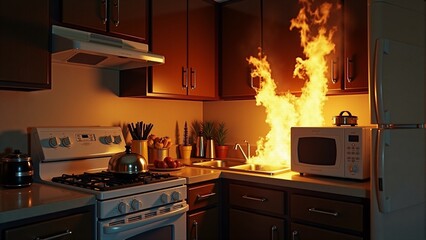 Electrical fire caused by an overloaded home appliance in a small kitchen