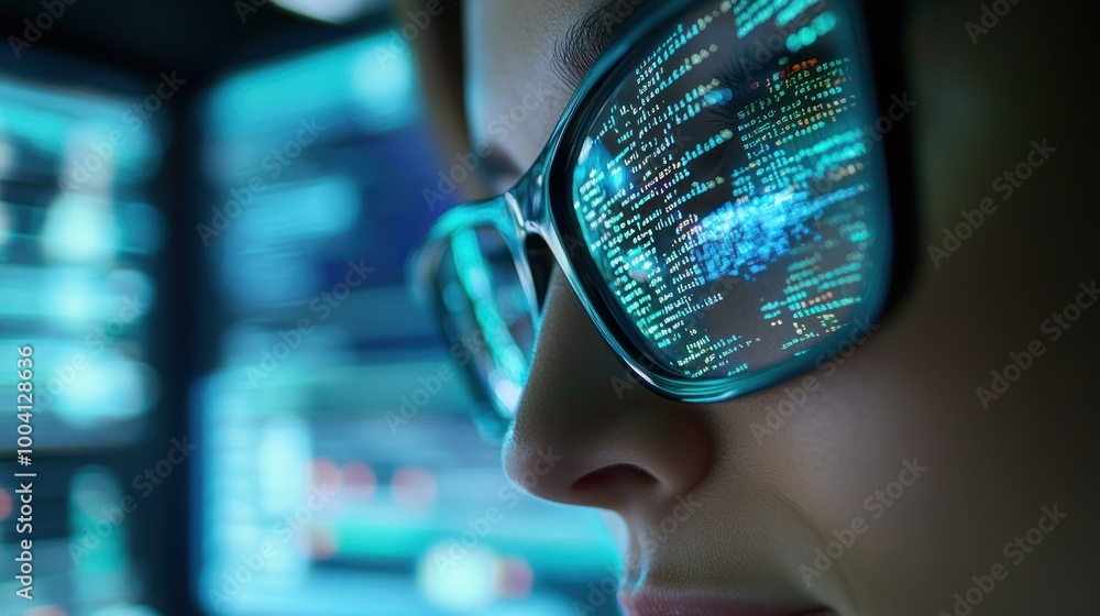Poster close-up of a person wearing glasses reflecting code, suggesting a tech or programming context.