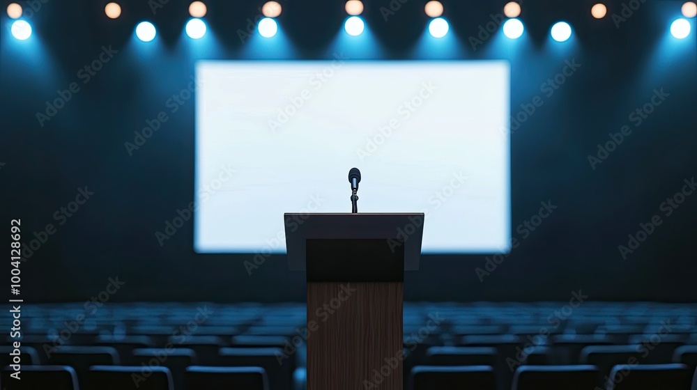 Poster empty stage with microphone and projection screen