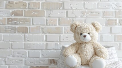 White teddy bear on white basket in front of white brick wall