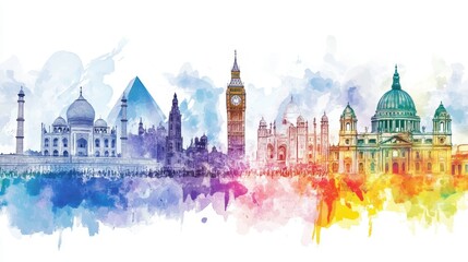Fototapeta premium Colorful Watercolor Collage of World Landmarks