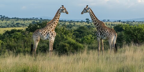 Fototapeta premium Two majestic giraffes stand gracefully in a lush, green savanna, showcasing their unique spots and long necks against a serene backdrop.