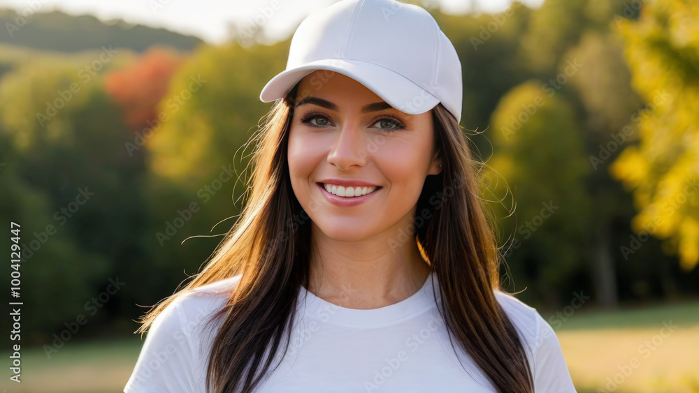 Wall mural woman wearing white t-shirt and white baseball cap standing in nature