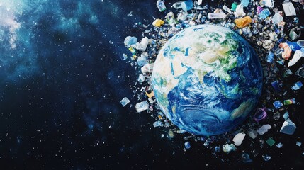 Earth in Space with Floating Waste in Watercolor Style